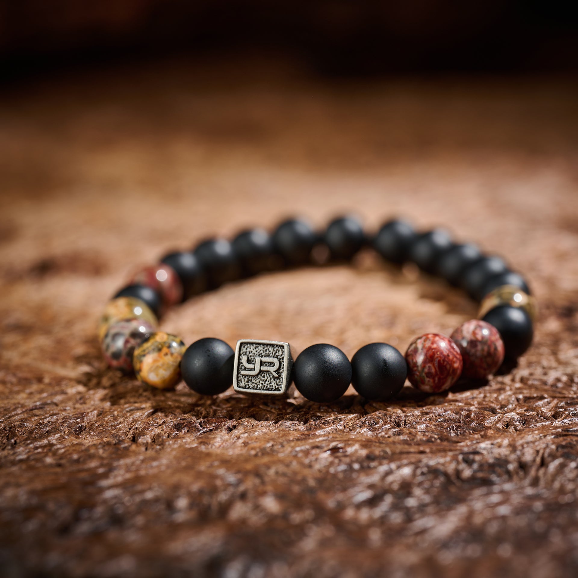 Red Leopard Skin Jasper & Black Agate Bracelet(8mm)