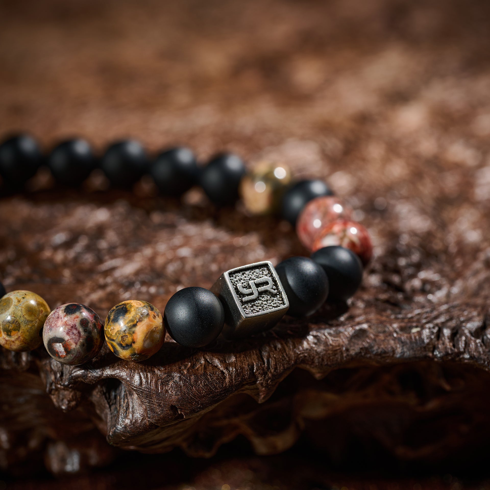 Red Leopard Skin Jasper & Black Agate Bracelet(8mm)