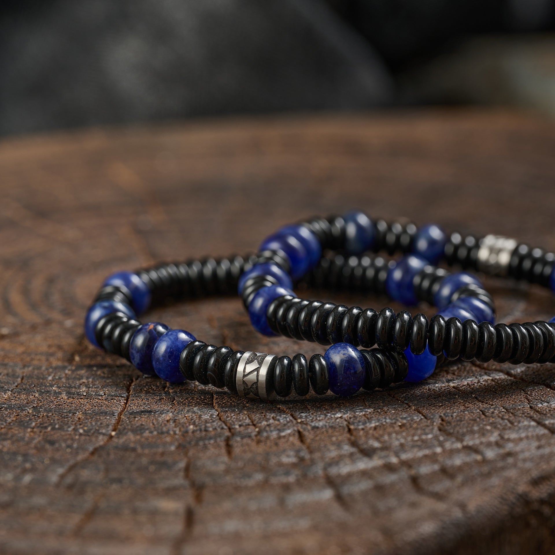 Blue Vein Stone &amp; Black Agate Bracelet（6mm）
