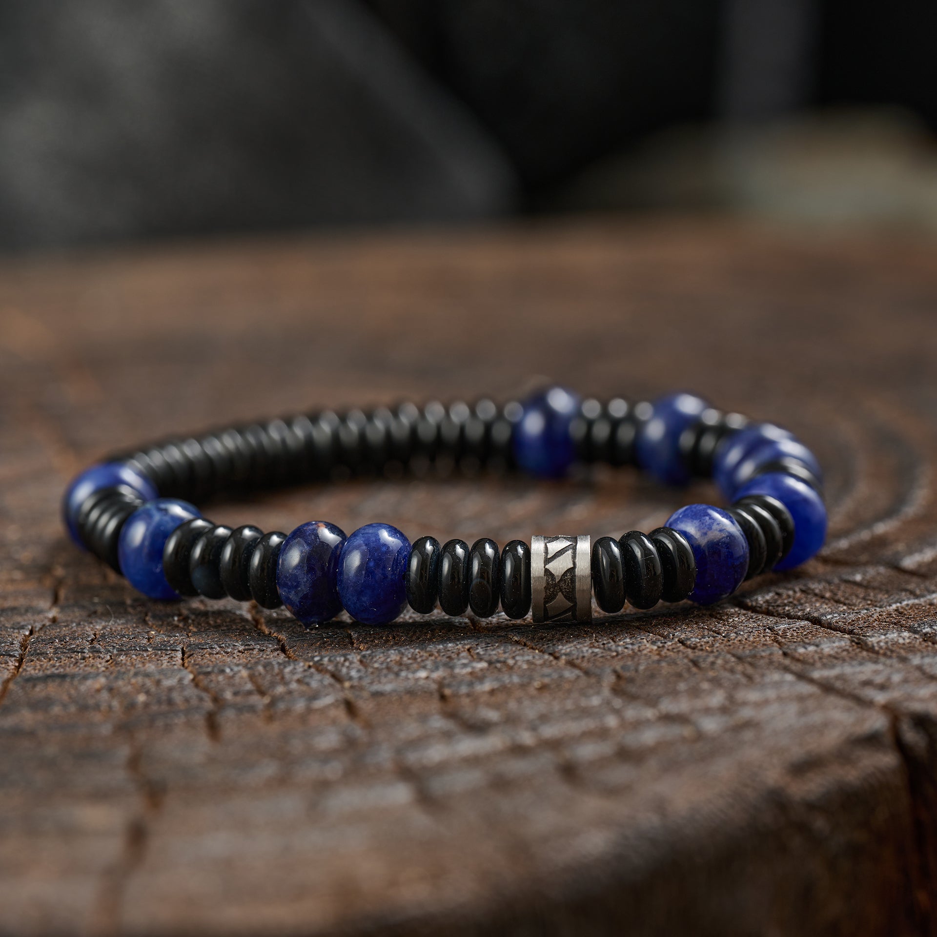 Blue Vein Stone &amp; Black Agate Bracelet（6mm）